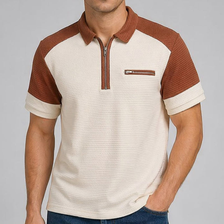 Polo da uomo estiva con zip e blocchi di colore in stile retrò. - image 1