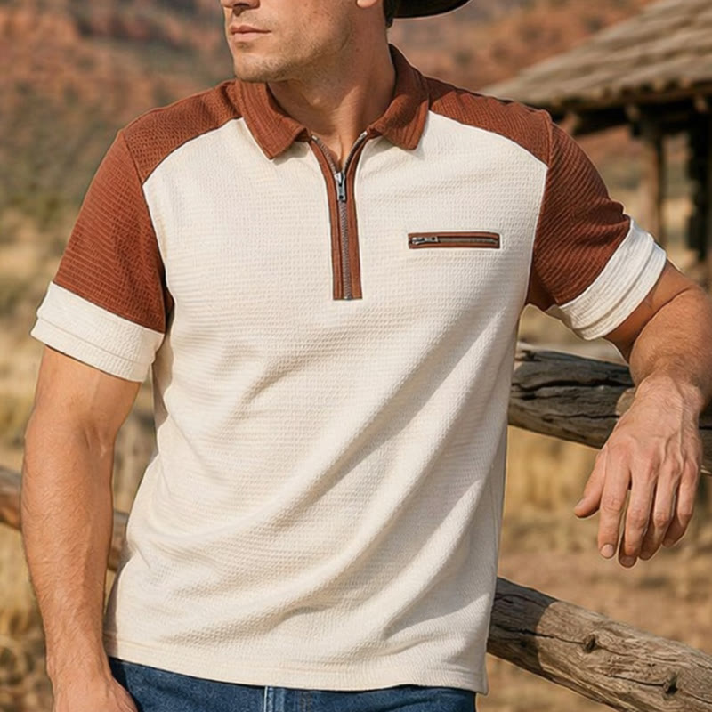 Polo da uomo estiva con zip e blocchi di colore in stile retrò. - Cachi - 3XL - image 0