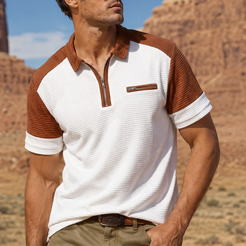 Polo da uomo estiva con zip e blocchi di colore in stile retrò. - Bianco - 3XL - image 4