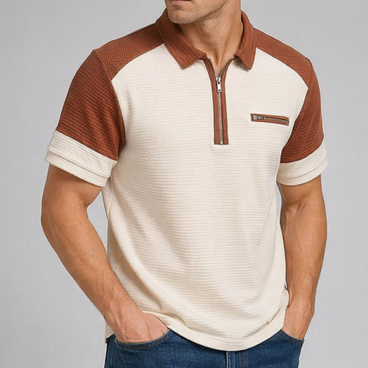 Polo da uomo estiva con zip e blocchi di colore in stile retrò. - image 3