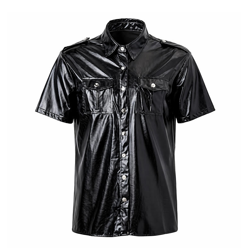 Camicia da motociclista nera lucida in similpelle rivestita in stile western - image 9