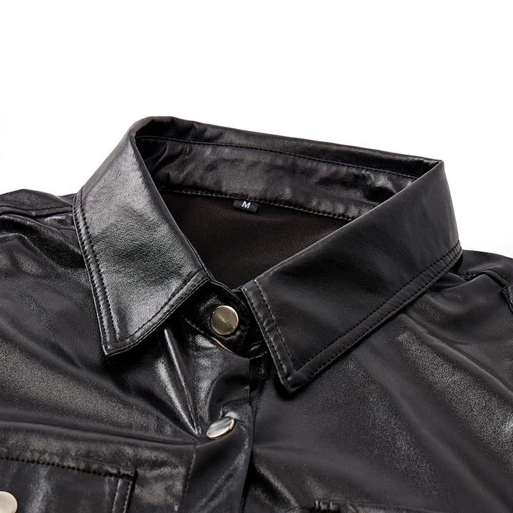 Camicia da motociclista nera lucida in similpelle rivestita in stile western - image 3