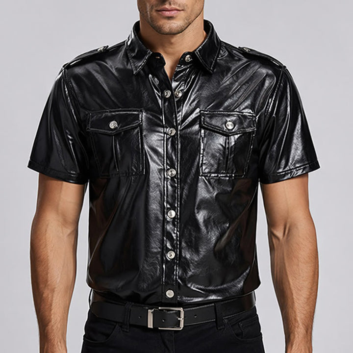 Camicia da motociclista nera lucida in similpelle rivestita in stile western - image 1