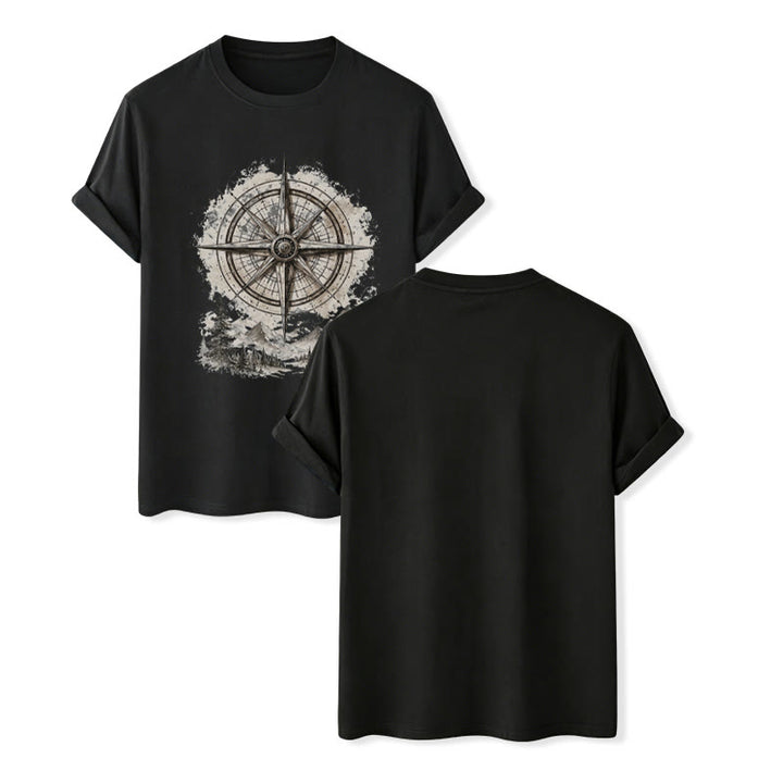 T-shirt western vintage con grafica di bussola di montagna ad acquerello - Nero - 2XL - image 12