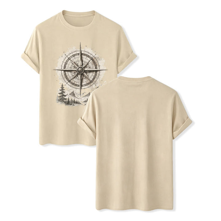T-shirt western vintage con grafica di bussola di montagna ad acquerello - Beige - 2XL - image 6