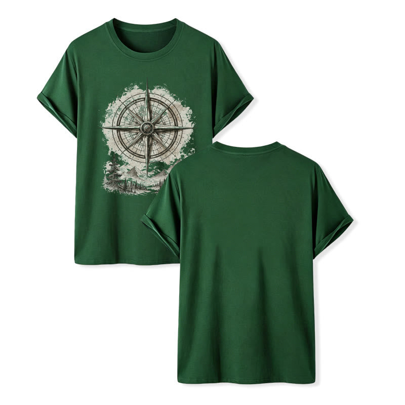 T-shirt western vintage con grafica di bussola di montagna ad acquerello - Verde scuro - 2XL - image 13
