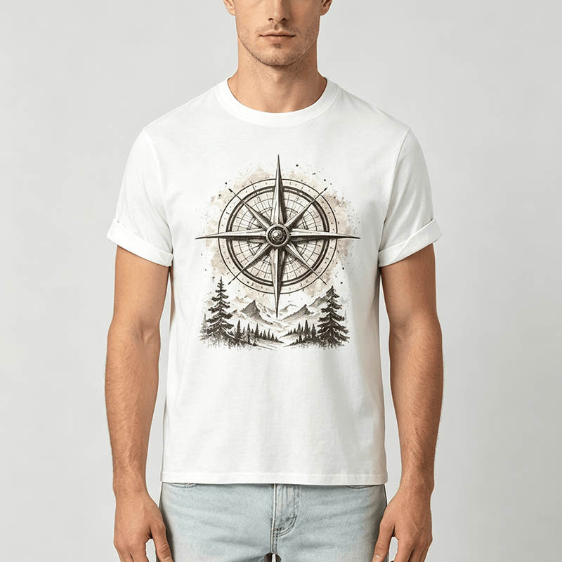 T-shirt western vintage con grafica di bussola di montagna ad acquerello - image 1