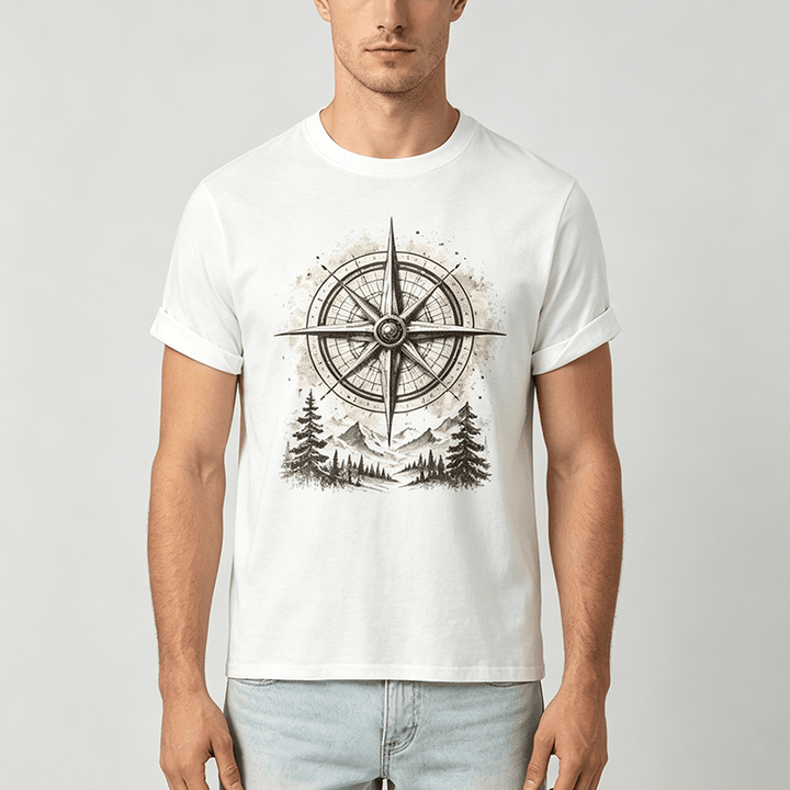 T-shirt western vintage con grafica di bussola di montagna ad acquerello - image 1