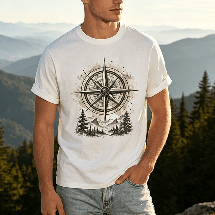 T-shirt western vintage con grafica di bussola di montagna ad acquerello - image 0