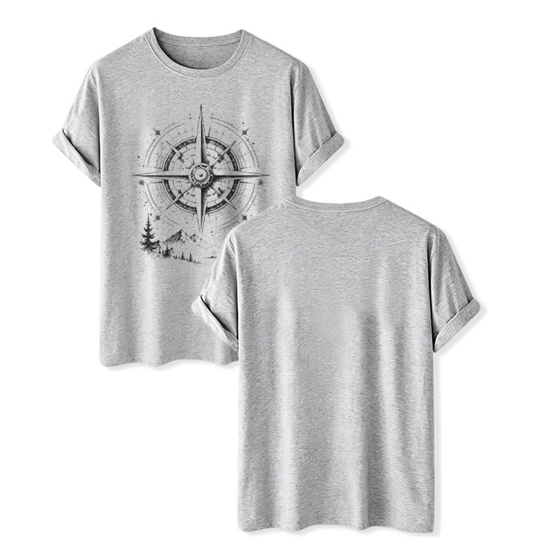 T-shirt western con grafica di bussola di montagna disegnata a mano con inchiostro nero. - Grigio - 2XL - image 8