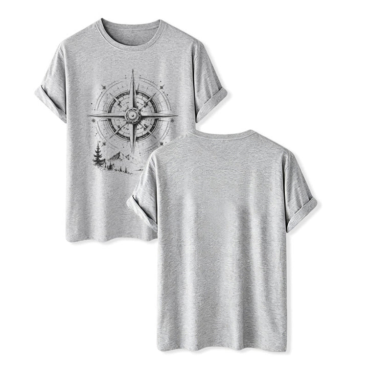 T-shirt western con grafica di bussola di montagna disegnata a mano con inchiostro nero. - Grigio - 2XL - image 8