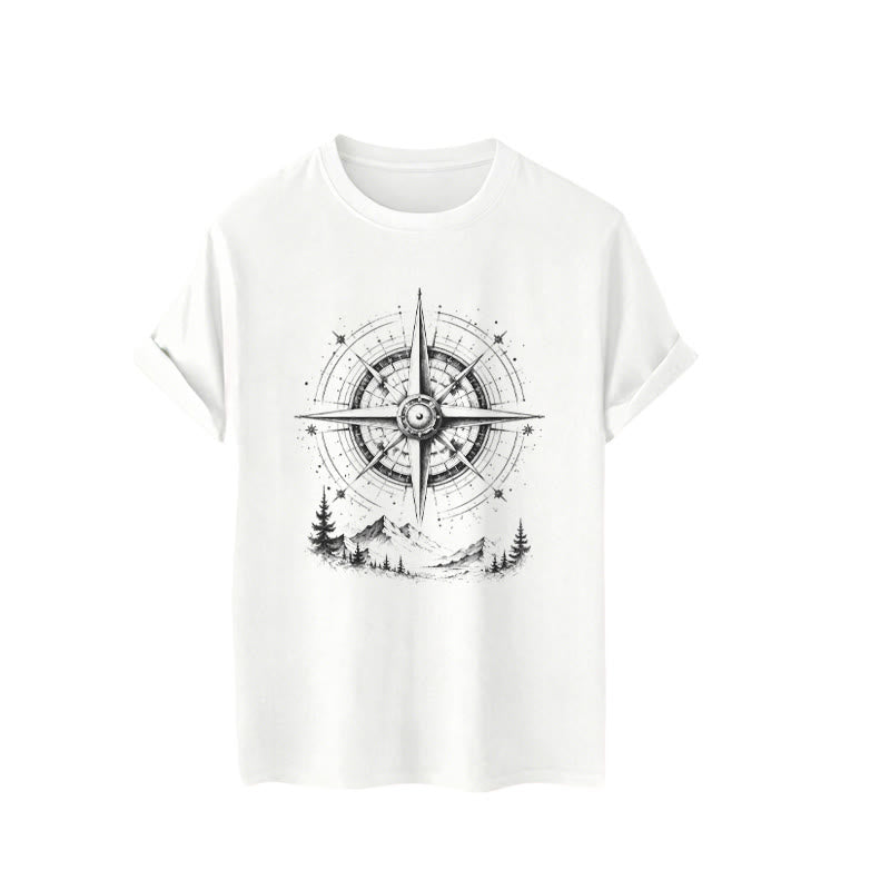 T-shirt western con grafica di bussola di montagna disegnata a mano con inchiostro nero. - image 4