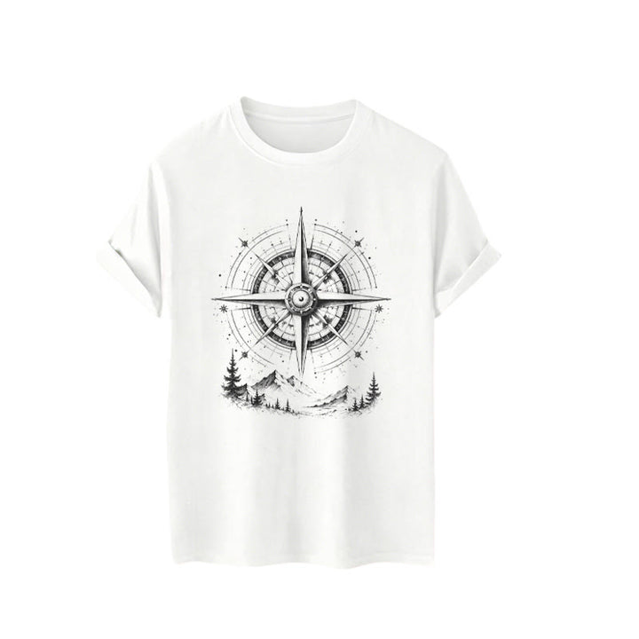 T-shirt western con grafica di bussola di montagna disegnata a mano con inchiostro nero. - image 4