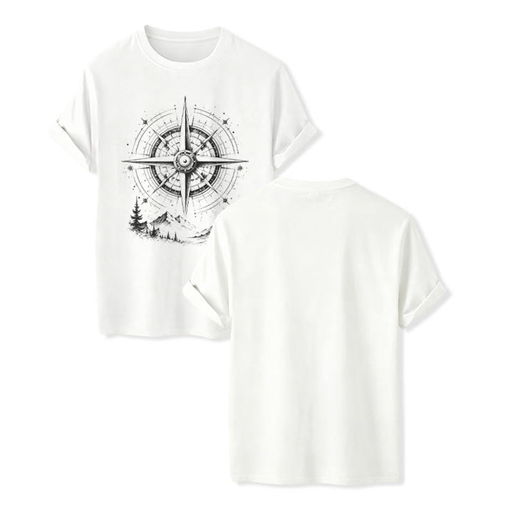T-shirt western con grafica di bussola di montagna disegnata a mano con inchiostro nero. - Bianco - 2XL - image 5