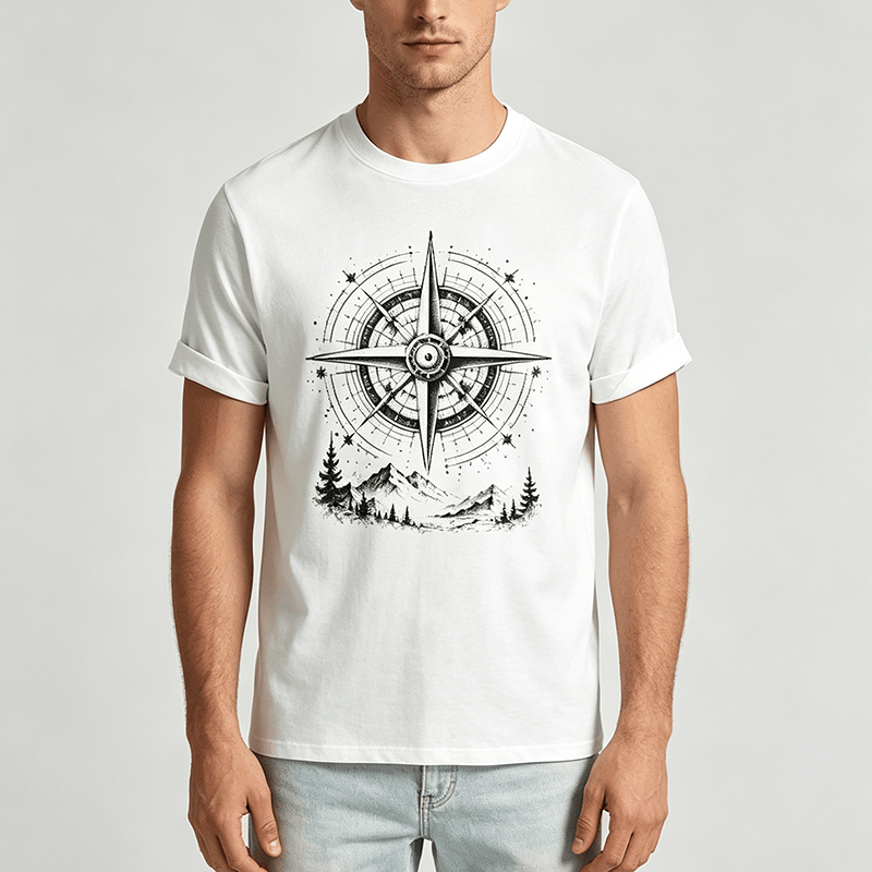 T-shirt western con grafica di bussola di montagna disegnata a mano con inchiostro nero. - image 1