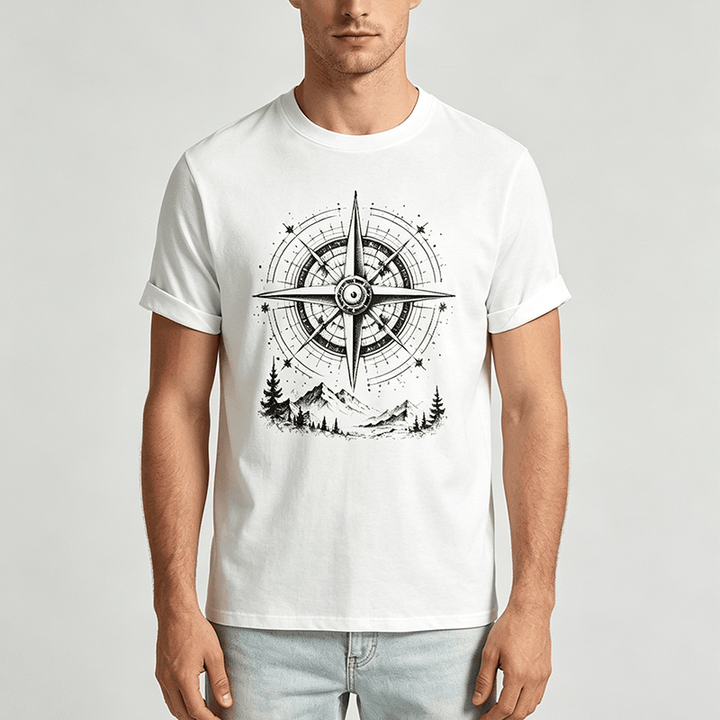 T-shirt western con grafica di bussola di montagna disegnata a mano con inchiostro nero. - image 1