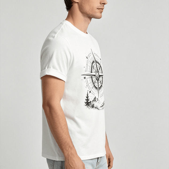 T-shirt western con grafica di bussola di montagna disegnata a mano con inchiostro nero. - image 2