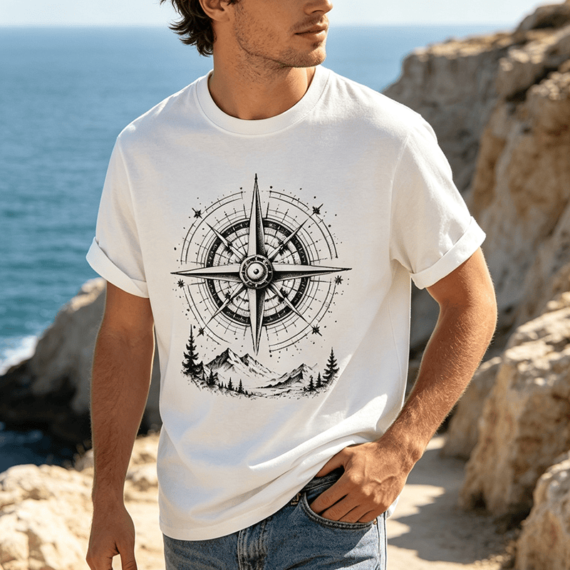 T-shirt western con grafica di bussola di montagna disegnata a mano con inchiostro nero. - image 0