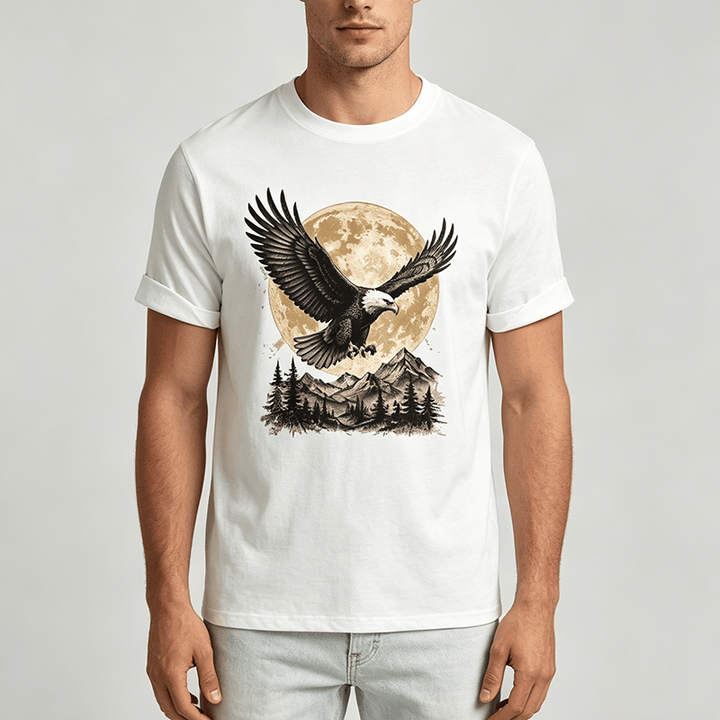 T-shirt western vintage con grafica di aquila calva, luna piena e montagna. - image 1