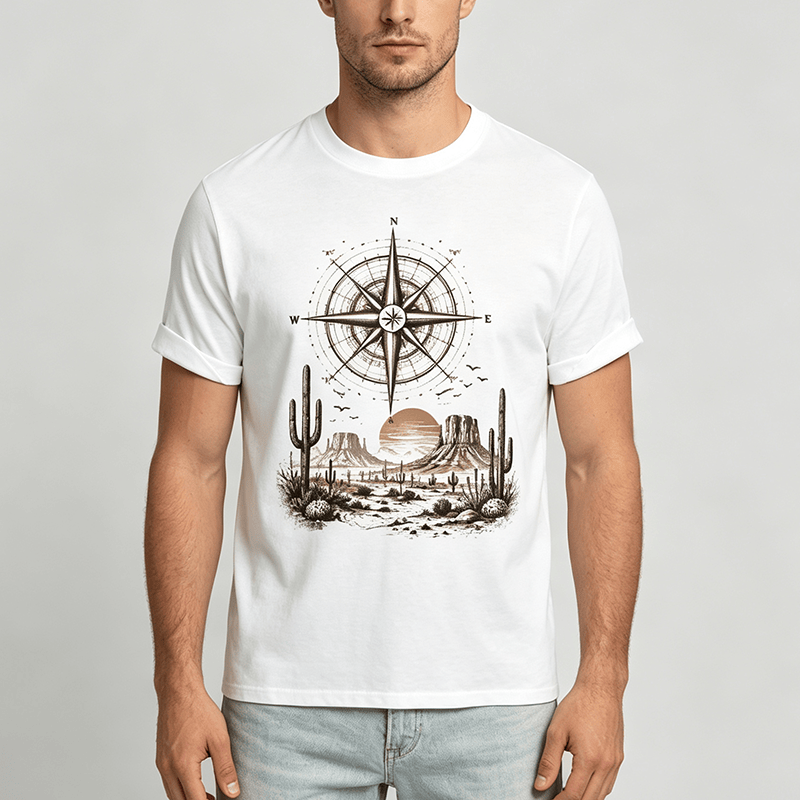 Maglietta con stampa grafica di bussola e cactus del deserto occidentale - image 1