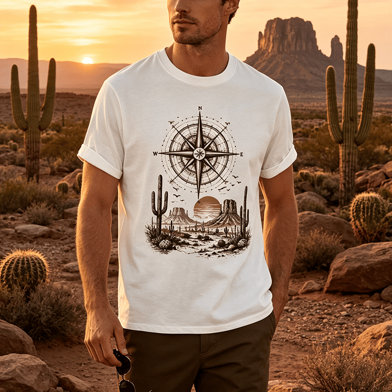 Maglietta con stampa grafica di bussola e cactus del deserto occidentale - image 0
