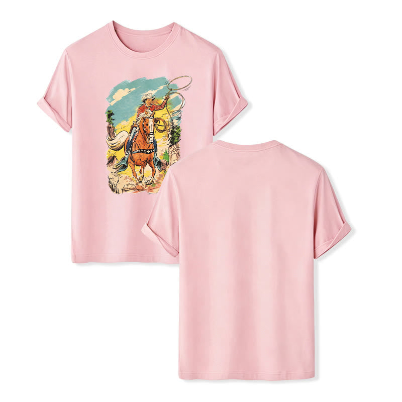 Maglietta vintage con stampa grafica western da cowboy con lazo - Rosa - 2XL - image 7