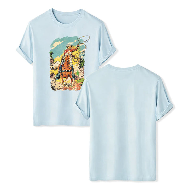 Maglietta vintage con stampa grafica western da cowboy con lazo - Blu - 2XL - image 9