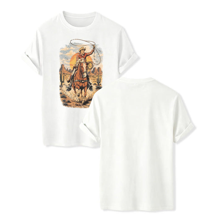 Maglietta con stampa grafica "Tramonto nel deserto, cowboy, lazo" - Bianco - 2XL - image 5