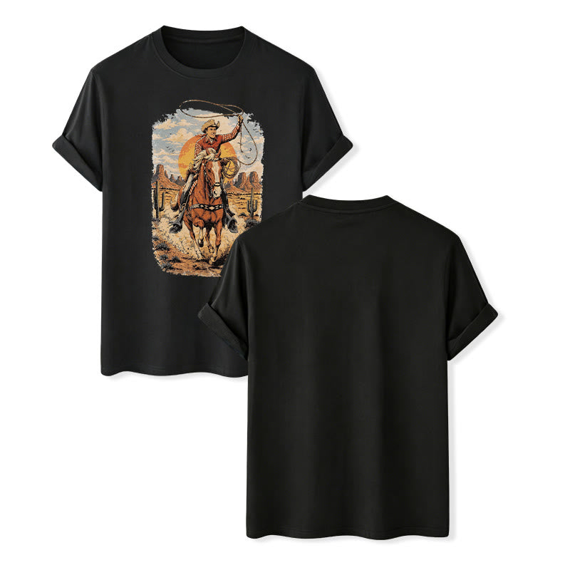 Maglietta con stampa grafica "Tramonto nel deserto, cowboy, lazo" - Nero - 2XL - image 12