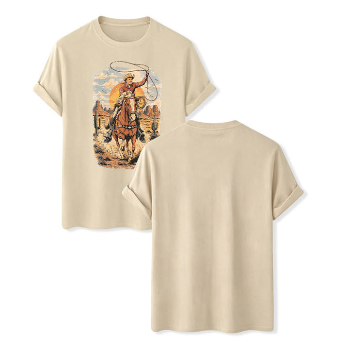 Maglietta con stampa grafica "Tramonto nel deserto, cowboy, lazo" - Beige - 2XL - image 6