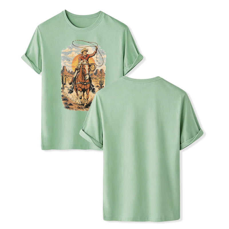 Maglietta con stampa grafica "Tramonto nel deserto, cowboy, lazo" - Verde - 2XL - image 10