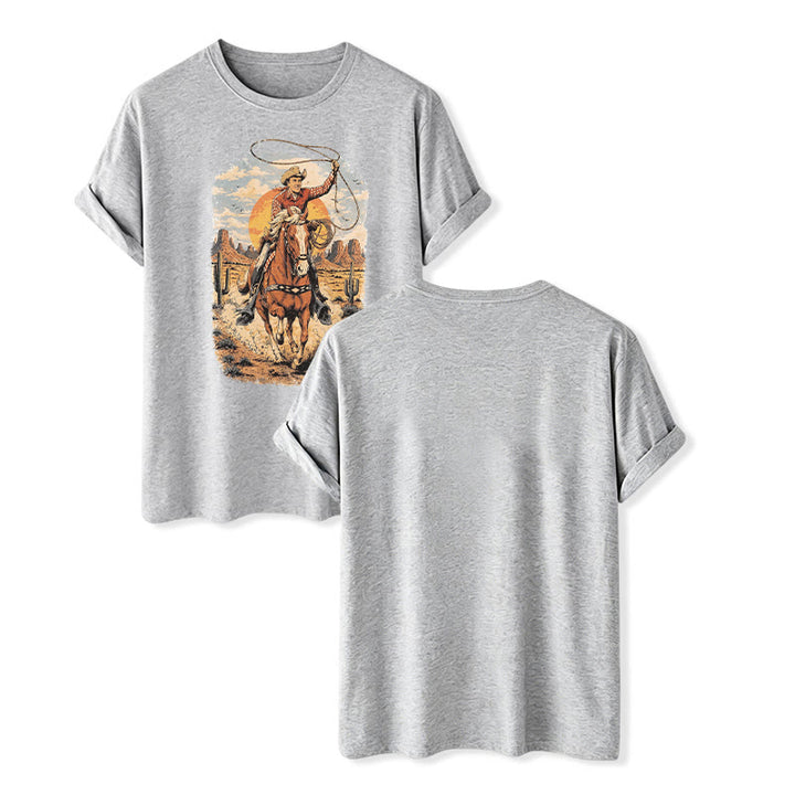 Maglietta con stampa grafica "Tramonto nel deserto, cowboy, lazo" - Grigio - 2XL - image 8
