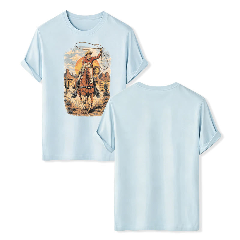 Maglietta con stampa grafica "Tramonto nel deserto, cowboy, lazo" - Blu - 2XL - image 9