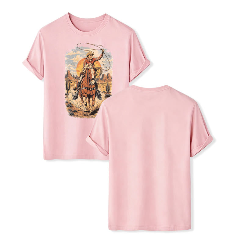 Maglietta con stampa grafica "Tramonto nel deserto, cowboy, lazo" - Rosa - 2XL - image 7