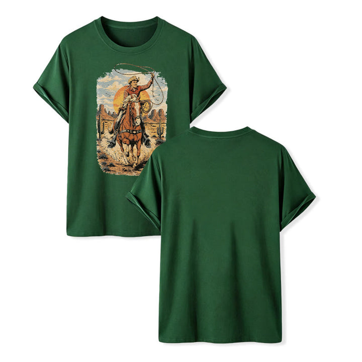 Maglietta con stampa grafica "Tramonto nel deserto, cowboy, lazo" - Verde scuro - 2XL - image 13