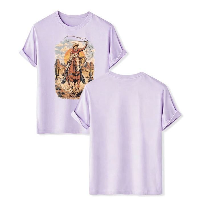 Maglietta con stampa grafica "Tramonto nel deserto, cowboy, lazo" - Viola - 2XL - image 11