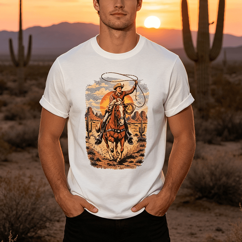 Maglietta con stampa grafica "Tramonto nel deserto, cowboy, lazo" - image 0