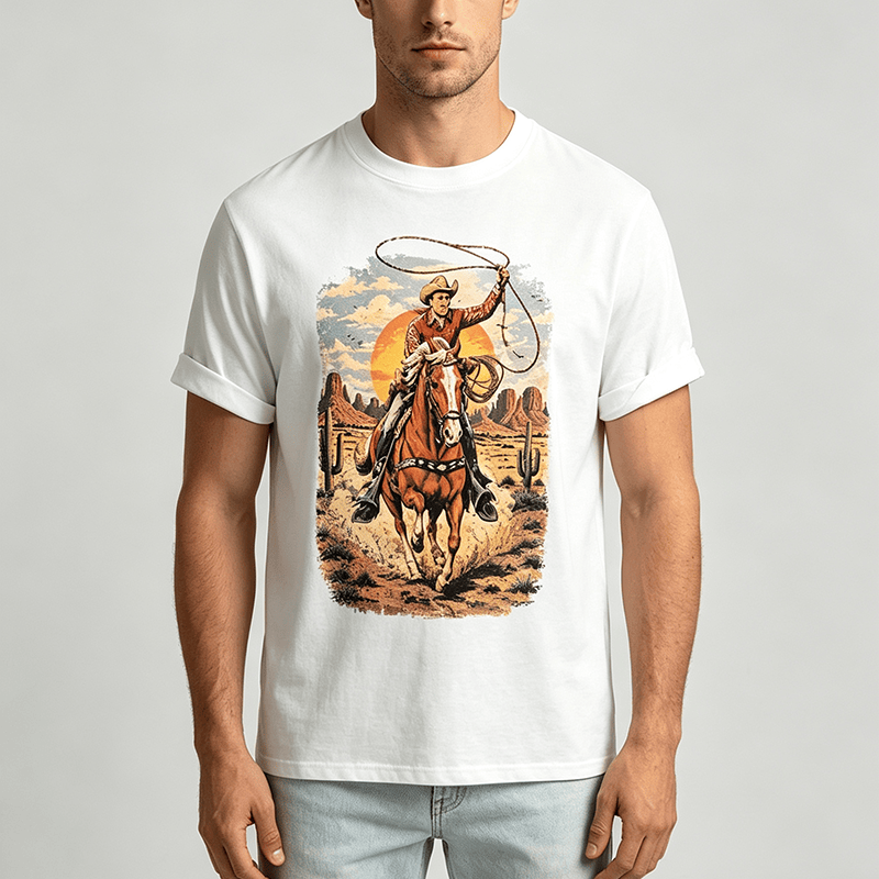 Maglietta con stampa grafica "Tramonto nel deserto, cowboy, lazo" - image 1