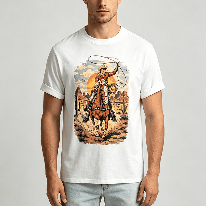 Maglietta con stampa grafica "Tramonto nel deserto, cowboy, lazo" - image 1