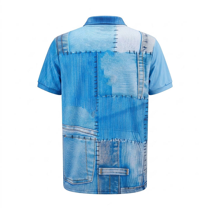 Polo con zip e stampa 3D in denim blu stile retrò - image 9