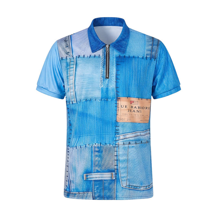 Polo con zip e stampa 3D in denim blu stile retrò - image 8