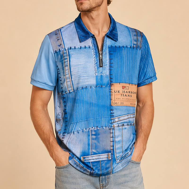 Polo con zip e stampa 3D in denim blu stile retrò - image 3