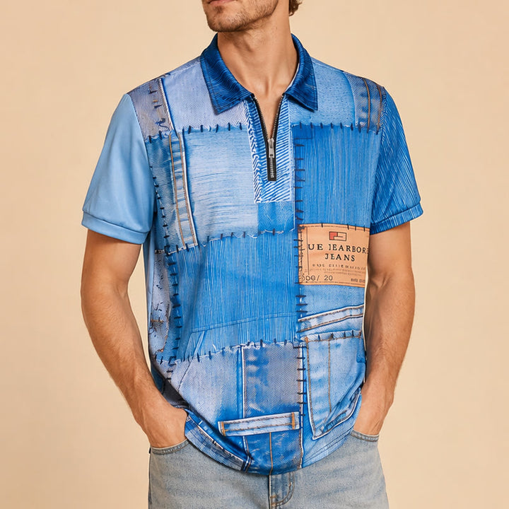 Polo con zip e stampa 3D in denim blu stile retrò - image 3