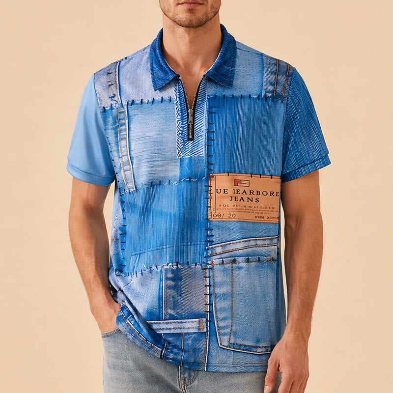 Polo con zip e stampa 3D in denim blu stile retrò - image 1