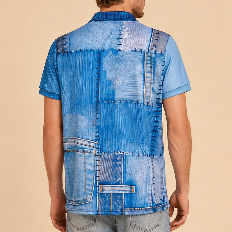Polo con zip e stampa 3D in denim blu stile retrò - image 2