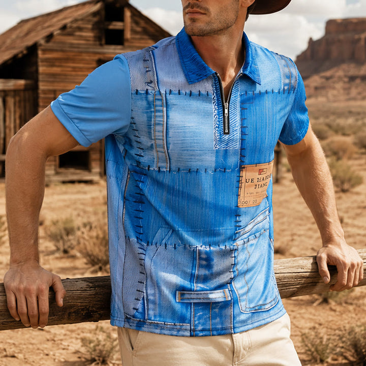 Polo con zip e stampa 3D in denim blu stile retrò - Blu - 6XL - image 0