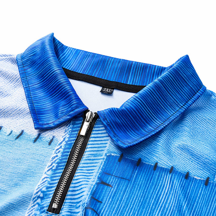 Polo con zip e stampa 3D in denim blu stile retrò - image 4