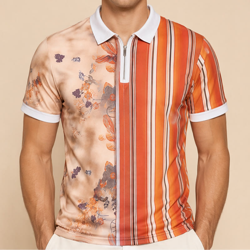Polo con colletto a zip e stampa 3D a righe floreali. - image 1