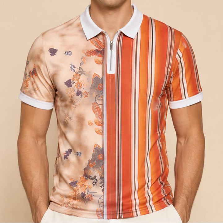 Polo con colletto a zip e stampa 3D a righe floreali. - image 1