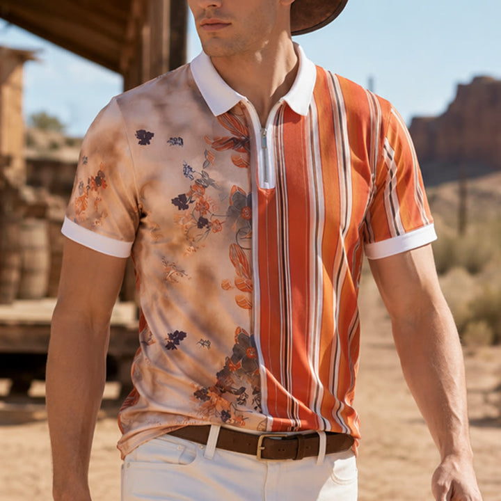 Polo con colletto a zip e stampa 3D a righe floreali. - Arancia - 5XL - image 0